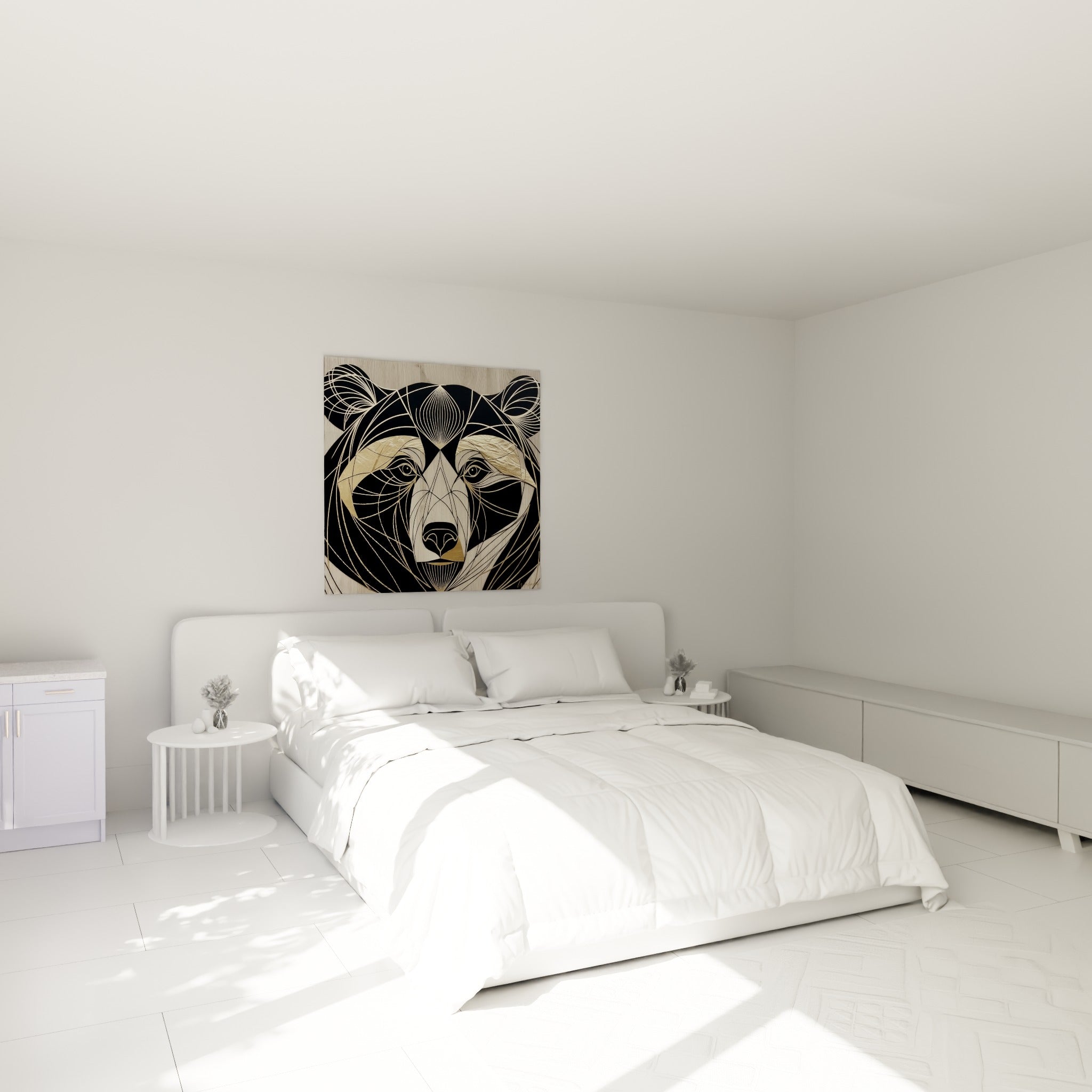 Portrait géométrique d'ours brun noir et doré au-dessus d'un lit dans une chambre claire
