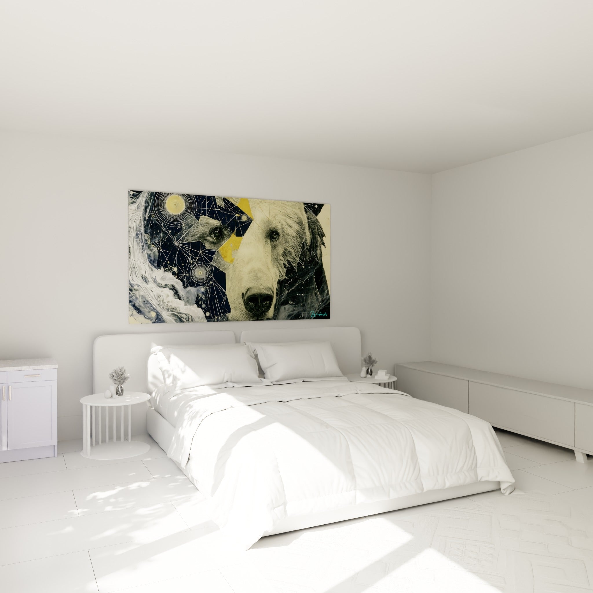 Ours brun mêlant pelage réaliste et motifs dorés célestes au-dessus d'un lit dans une chambre claire