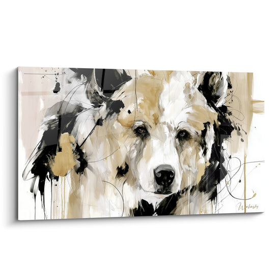 Ours brun au regard sombre, pelage beige et doré strié de traits noirs expressifs