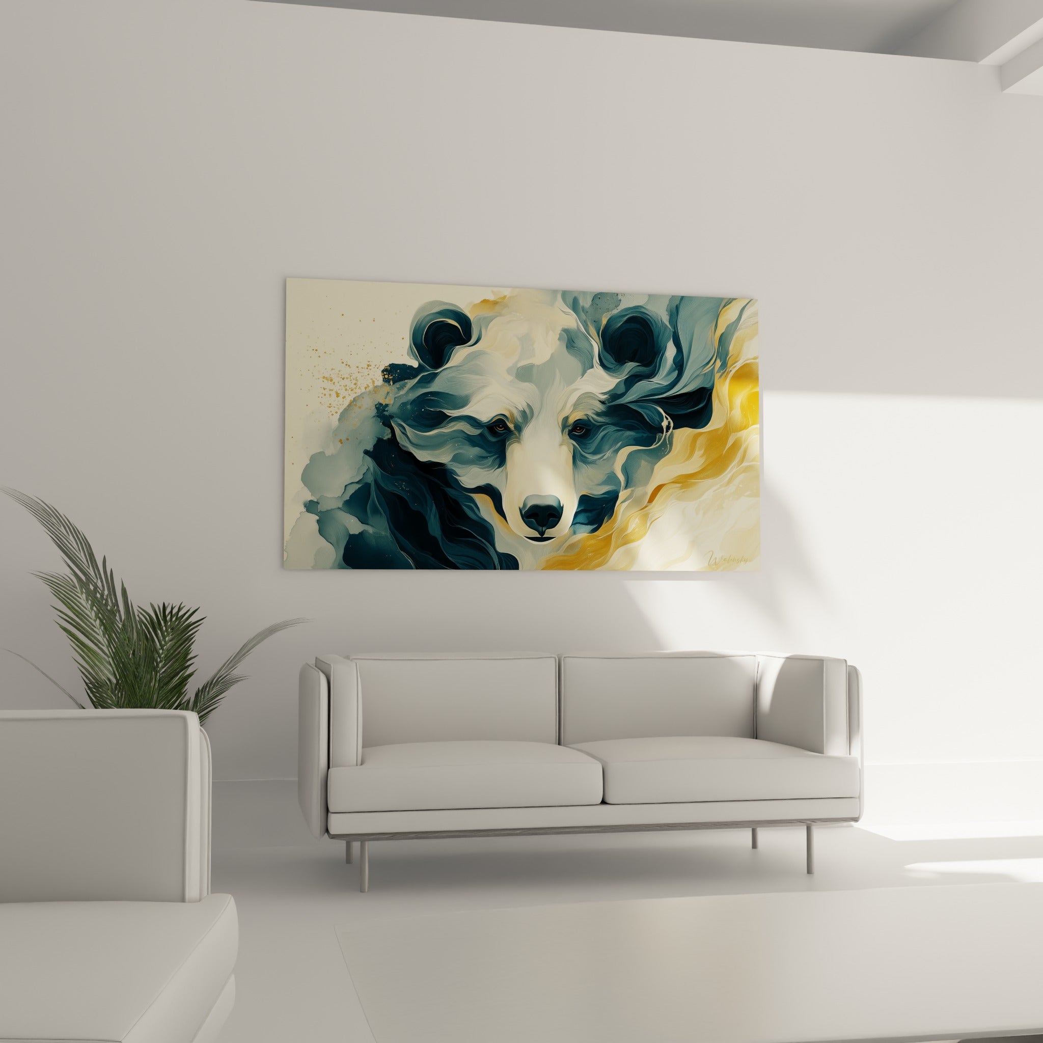 Yeux sombres d'ours brun émergeant de volutes bleu marine et dorées, au-dessus d'un canapé dans un salon lumineux