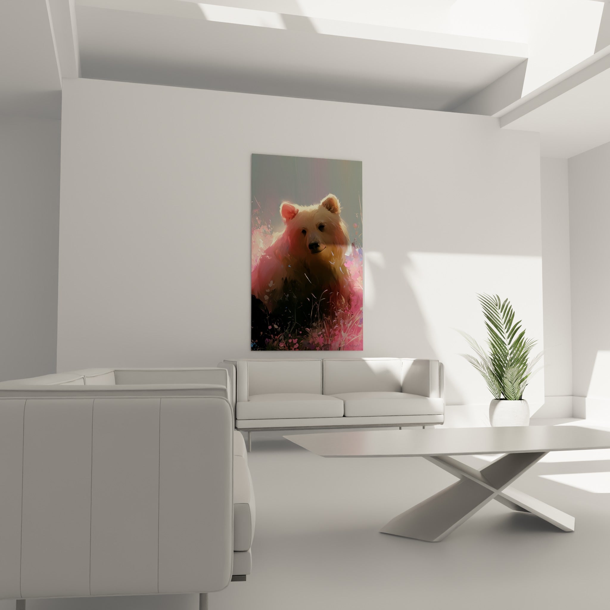 Portrait d'ours brun aux teintes roses et crème parmi les fleurs, au-dessus d'un canapé dans un salon lumineux