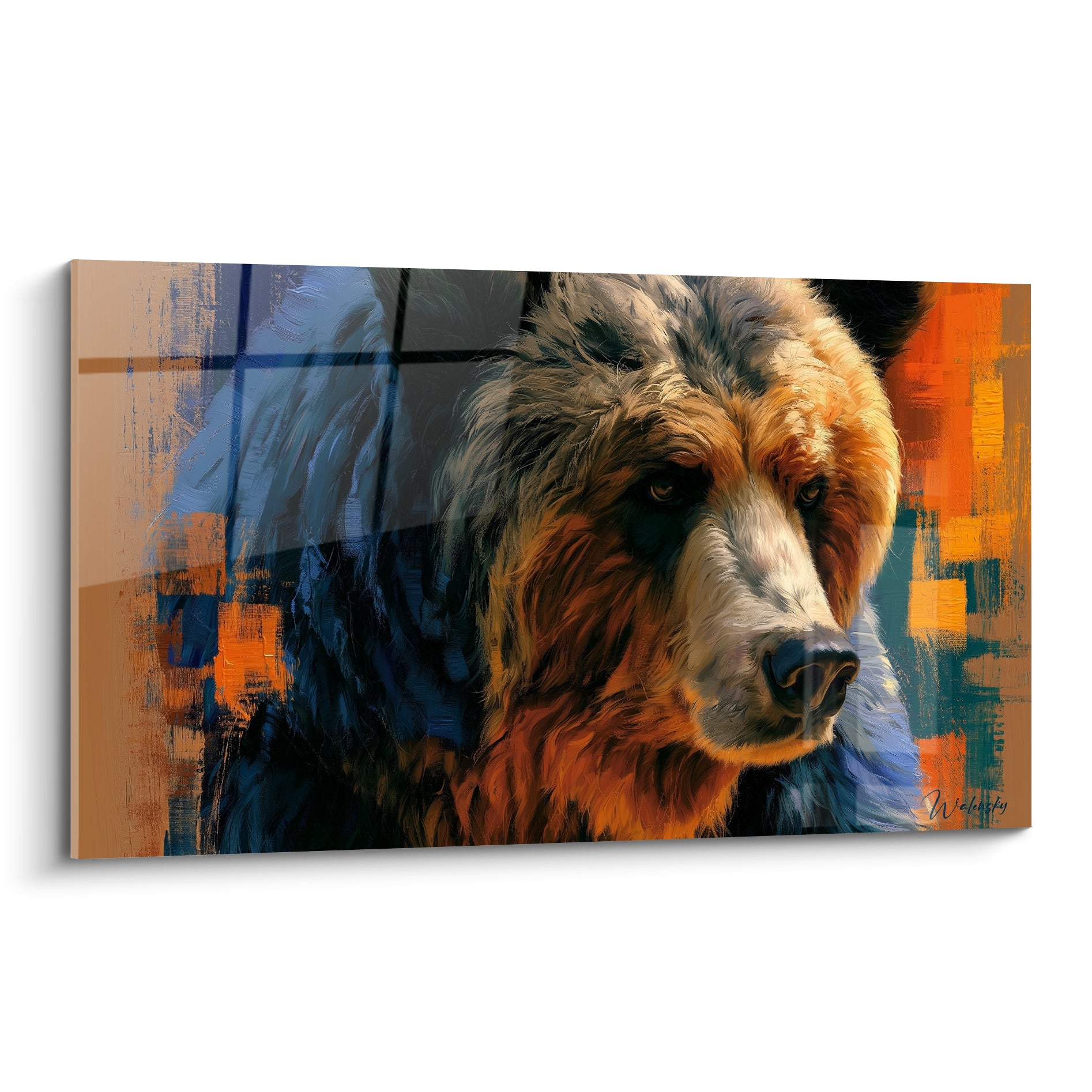 Ours brun au regard perçant, pelage fauve et ocre, fond bleu marine et blocs orange abstraits