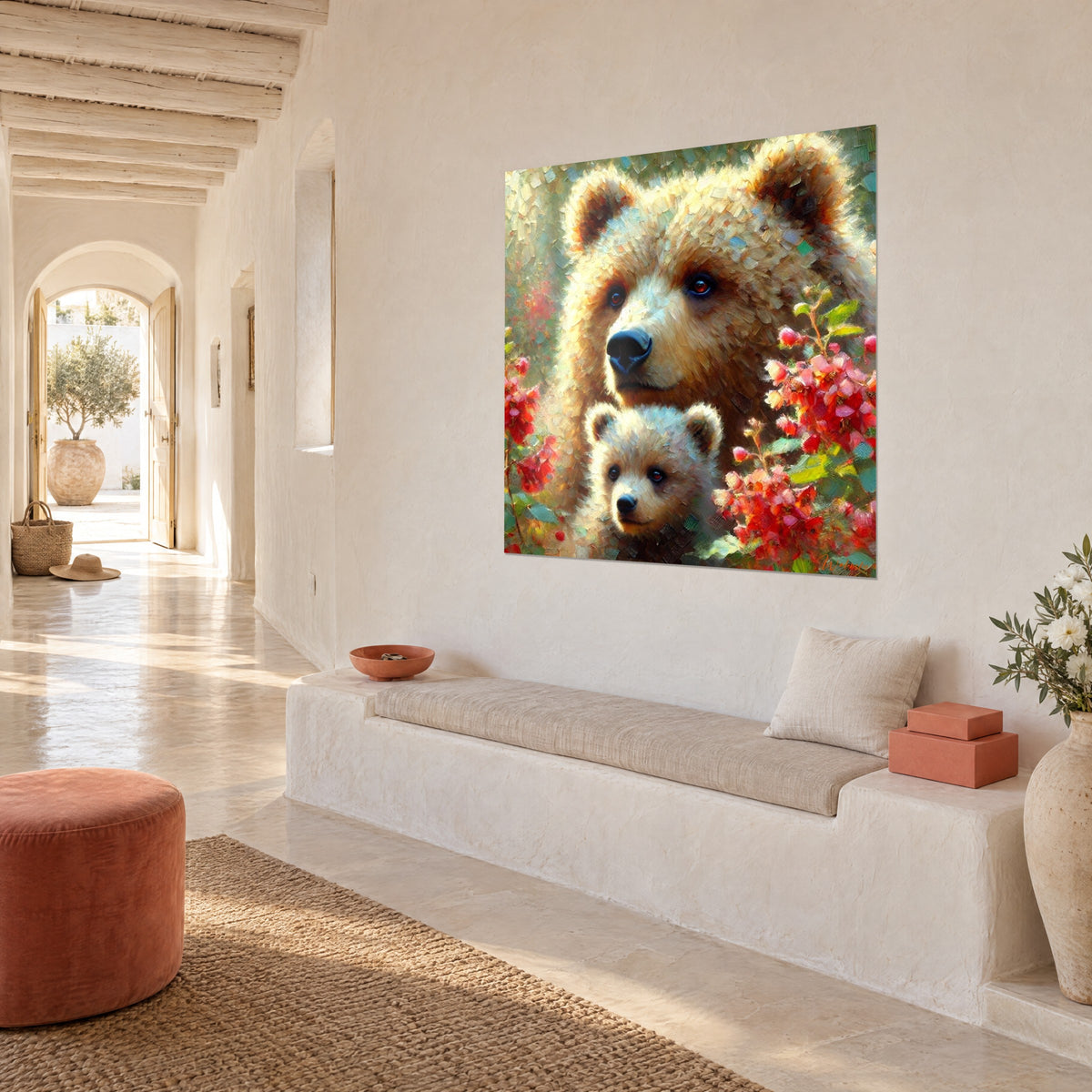 Tableau mère grizzly et son petit, regard ambré, touches de peinture épaisses vert tendre et rouge, mur blanc chaulé, vue de trois-quarts