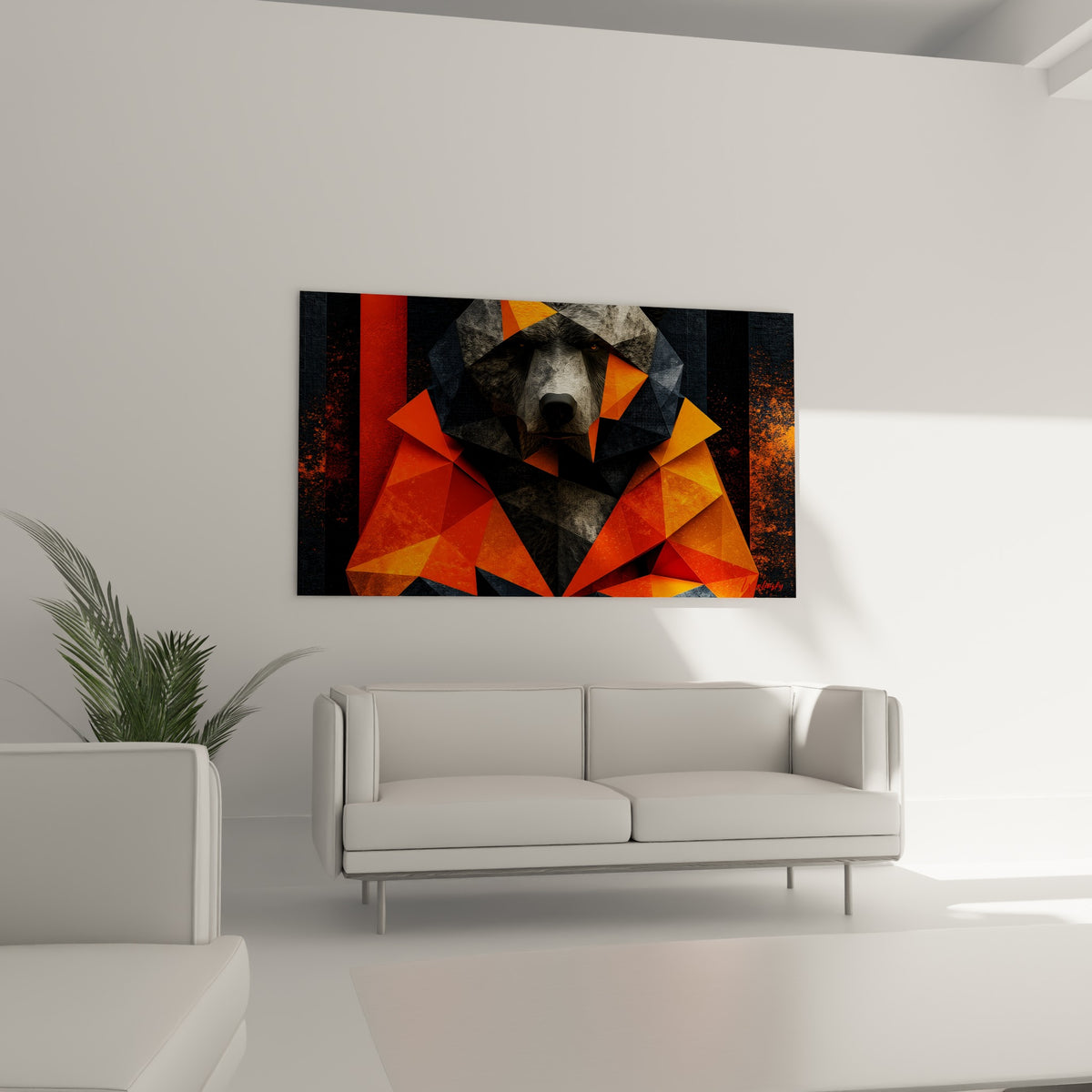 Ours brun anthracite au regard intense installé au-dessus d'un canapé dans un salon lumineux