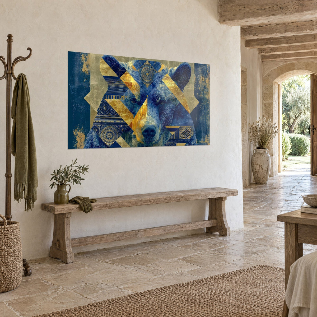Wall art guardian with indigo fur, amber gaze and golden diamonds, three-quarter view above a wooden bench in a stone house