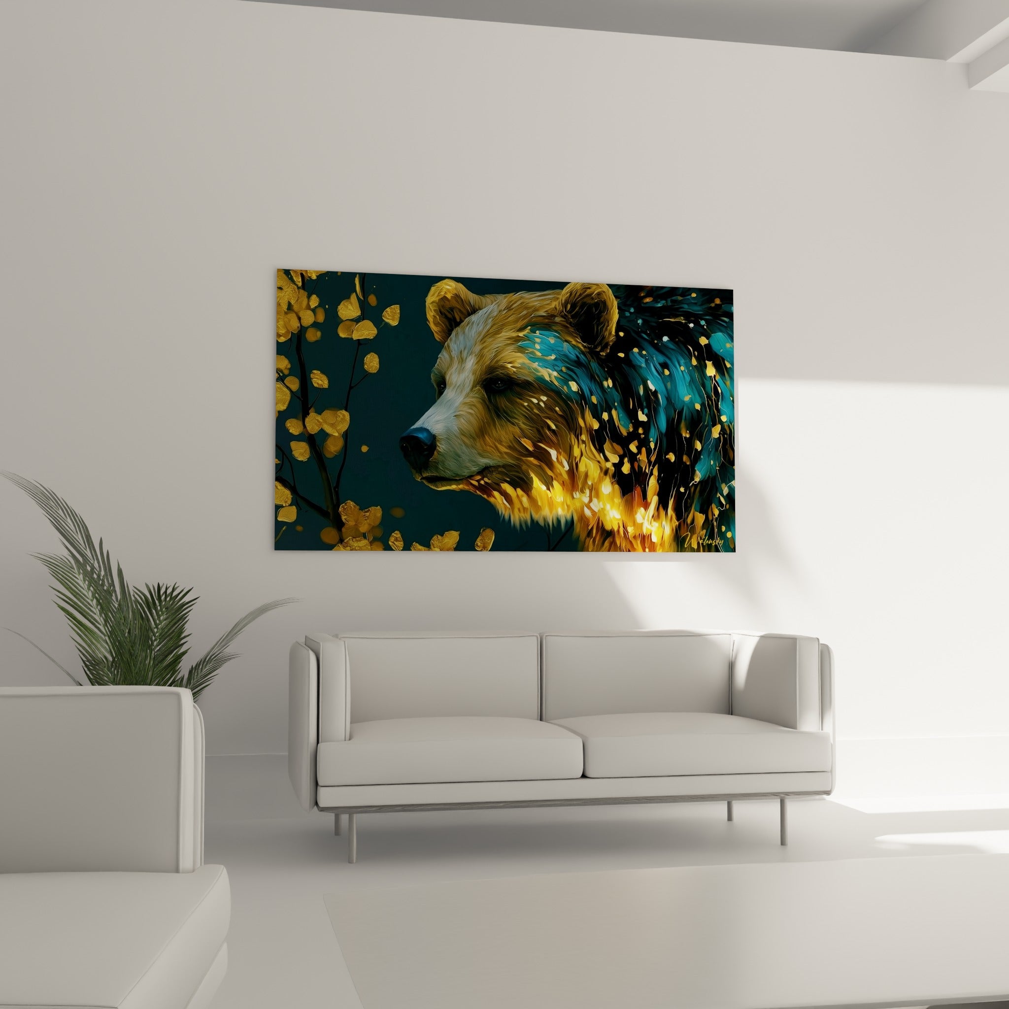 Regard intense d'un ours brun doré et bleu sarcelle au-dessus d'un canapé dans un salon lumineux