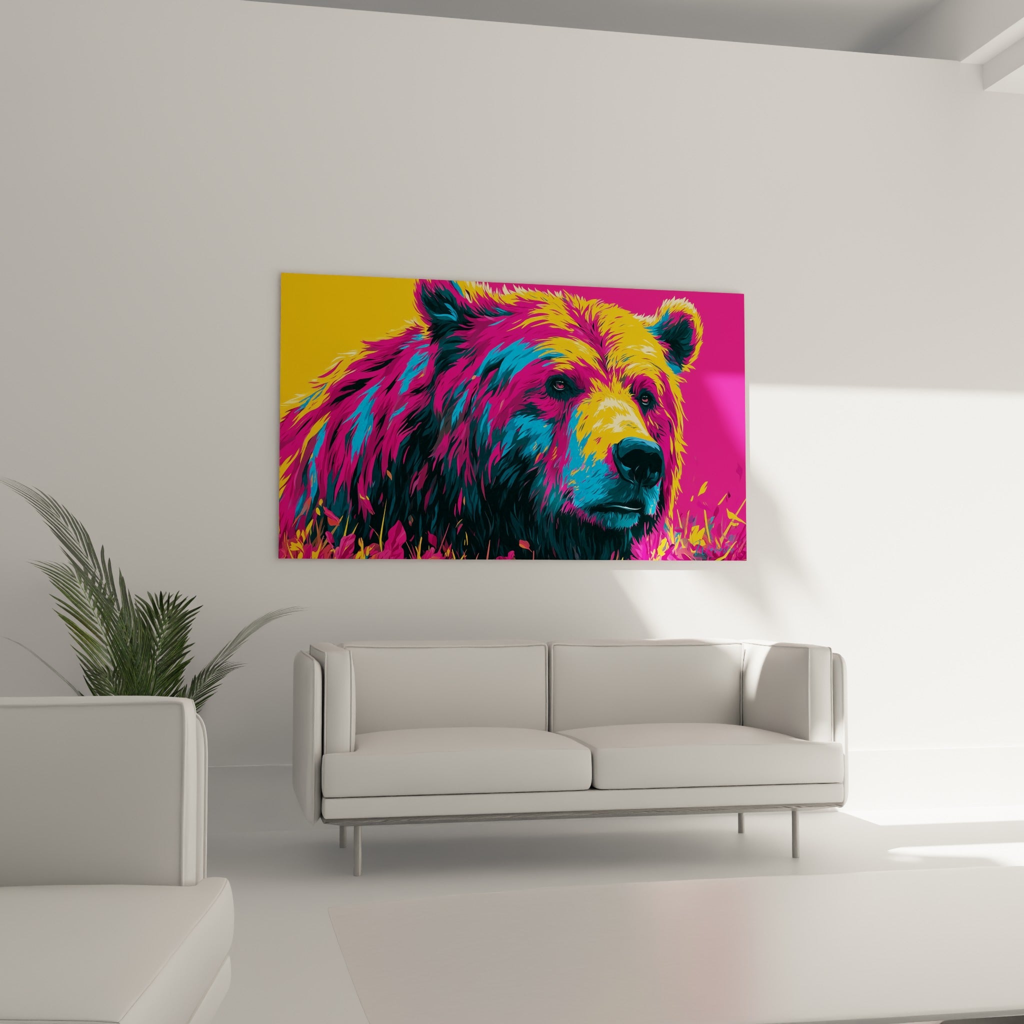 Tête d'ours brun stylisée en bleu et rose vif, museau doré, au-dessus d'un canapé dans un salon lumineux