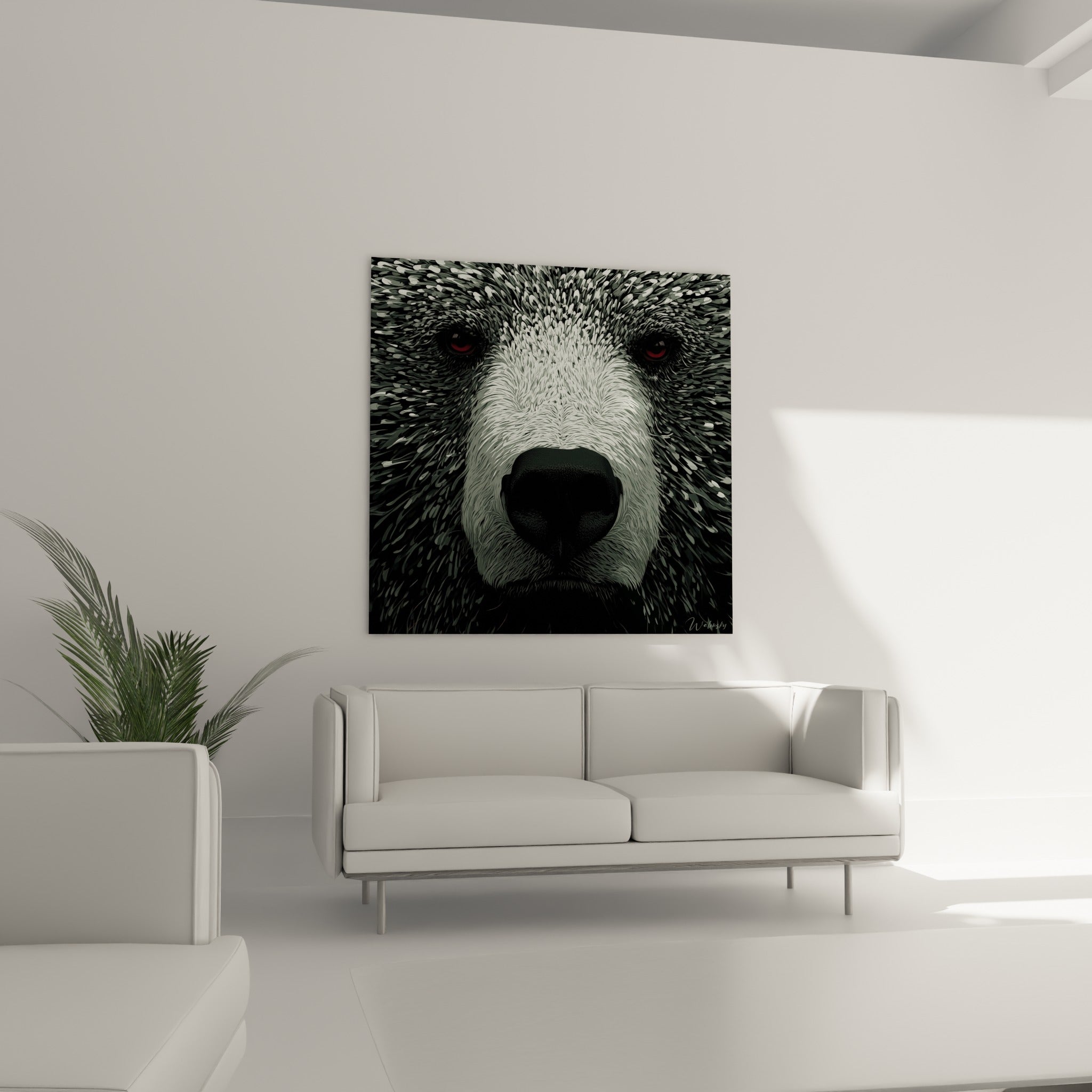 Face d'ours brun contrastée en noir et blanc, yeux rouge sang perçants, au-dessus d'un canapé dans un salon lumineux