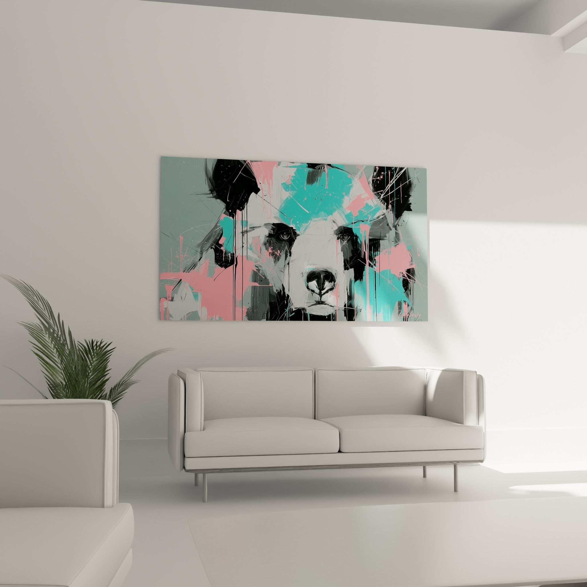 Yeux perçants de l'ours brun entourés de touches turquoise et rose, au-dessus d'un canapé dans un salon lumineux