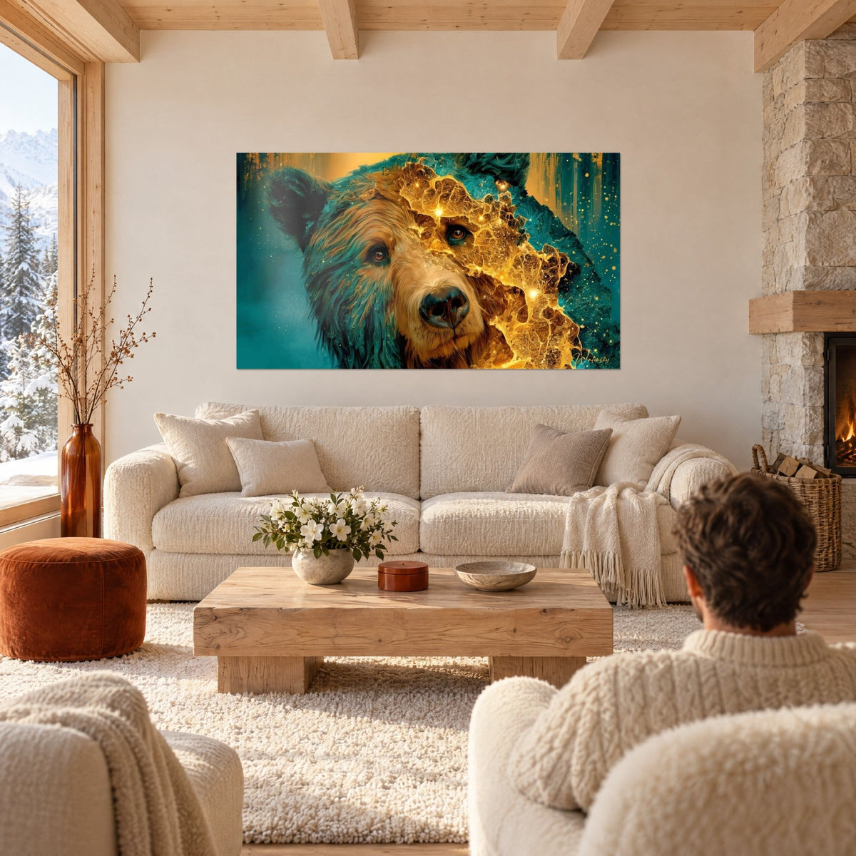 Wall art brown bear with amber gaze, half of its face cracked with gold on a turquoise background, above a sofa in a bright living room