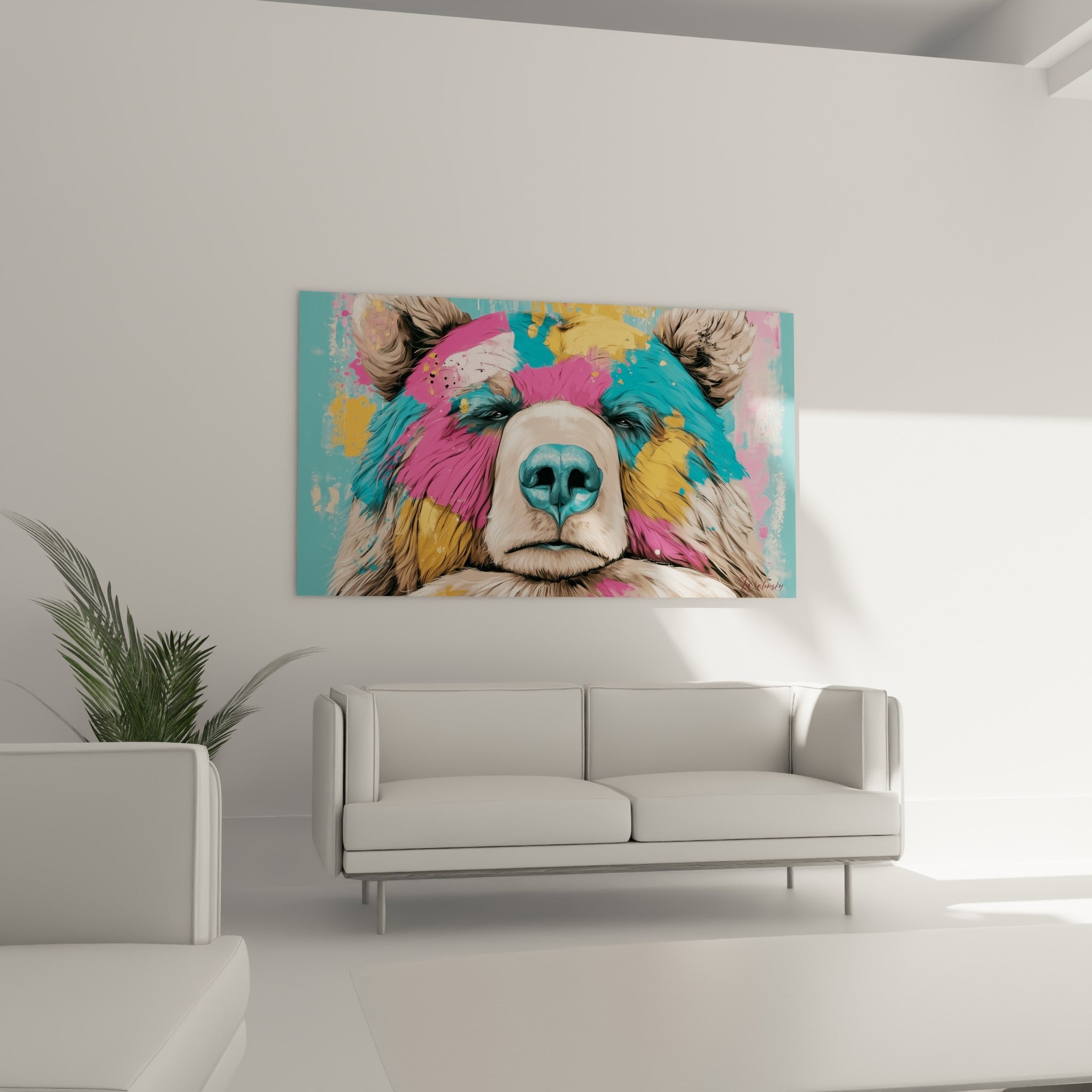 Regard paisible de l'ours brun aux touches jaunes et roses, suspendu au-dessus d'un canapé dans un salon lumineux
