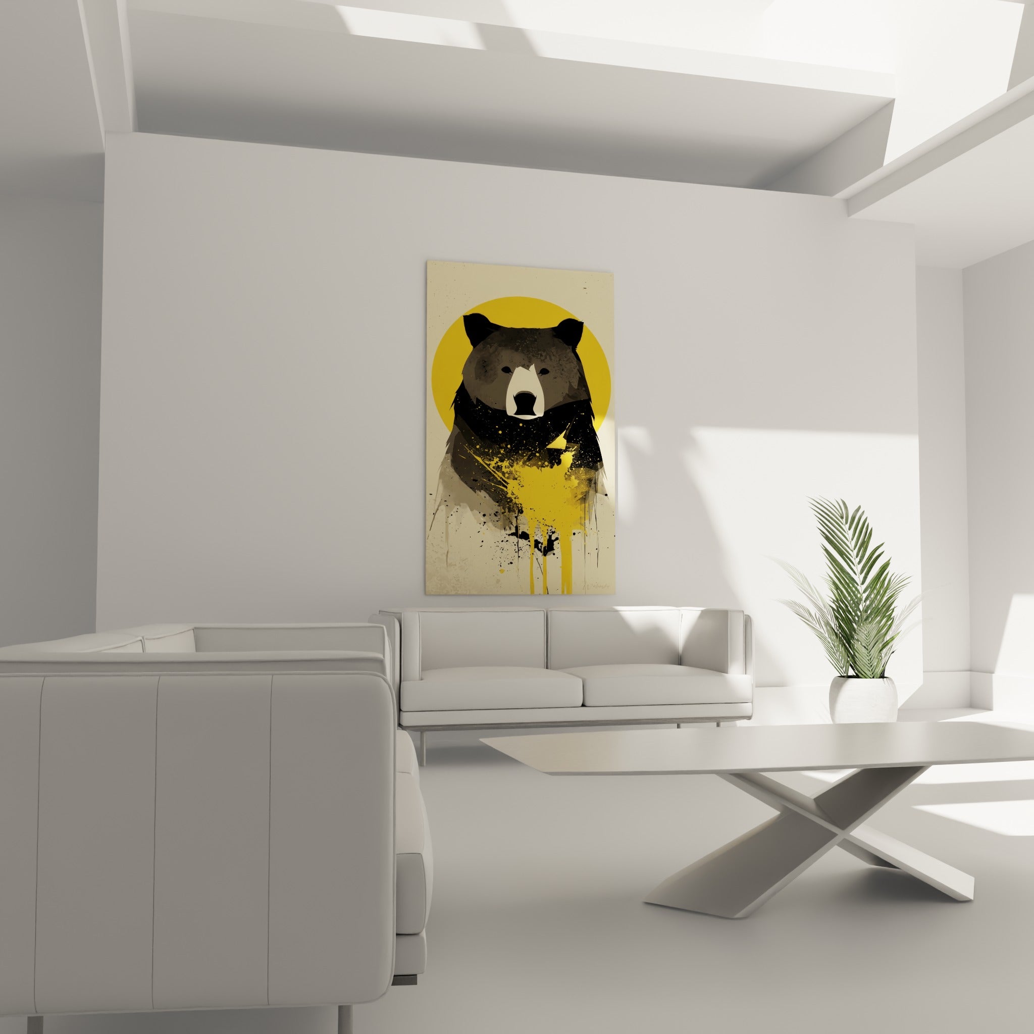 Regard sombre d'un ours brun cerné d'un halo doré et de coulures noires, au-dessus d'un canapé dans un salon lumineux.