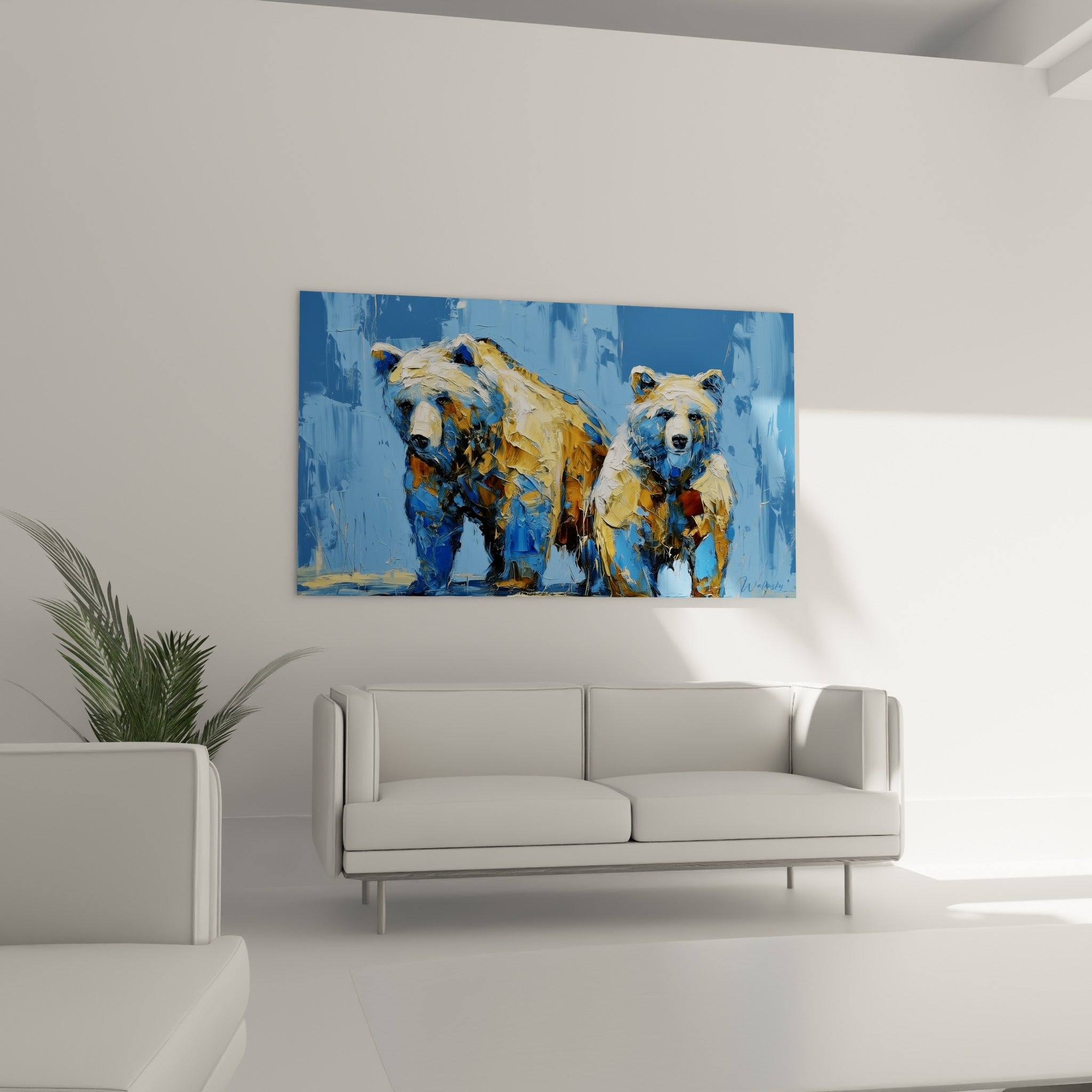 Ours bruns dorés au regard sombre sur fond bleu intense, accrochés au-dessus d'un canapé dans un salon lumineux