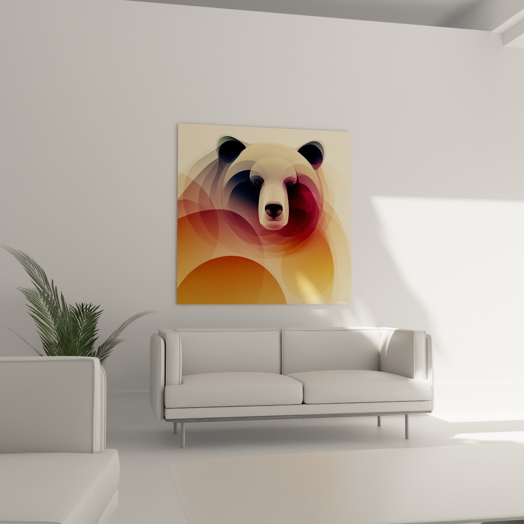 Regard sombre et teintes ocre de l'ours brun disposé au-dessus d'un canapé dans un salon lumineux