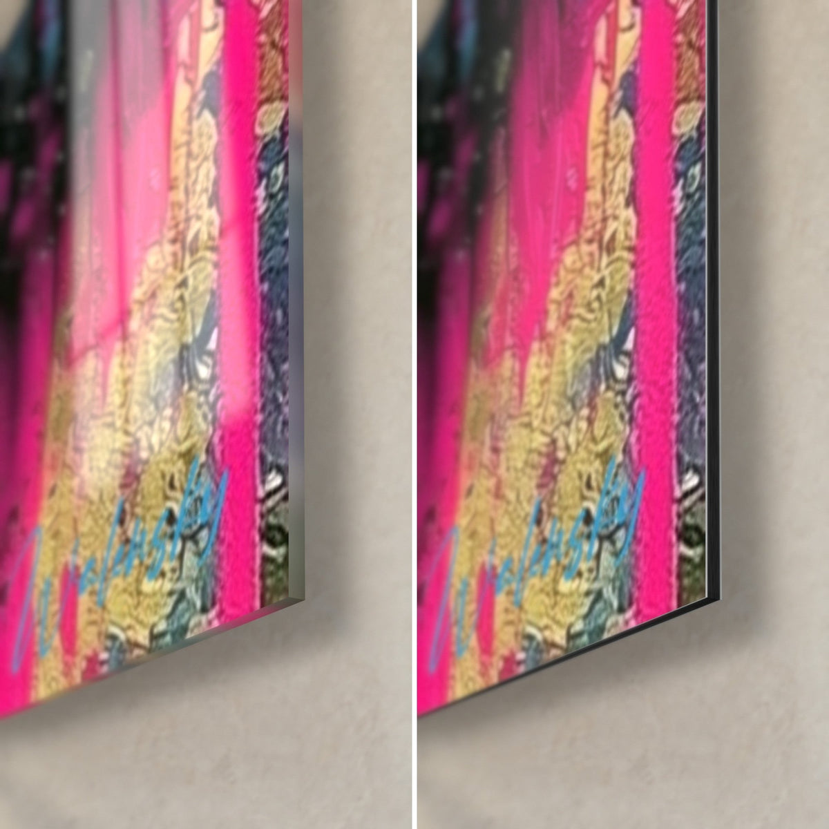 Schilderij roofdier met felroze en geel bespatte vacht, rechtsonder: glanzend acrylglas links, mat zwart Dibond rechts
