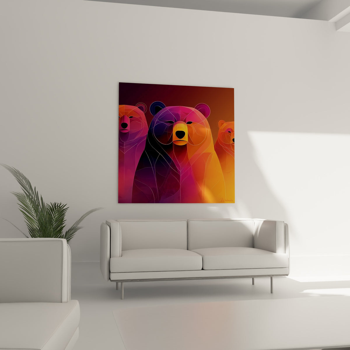 Ours brun central au museau orange vif dominant au-dessus d'un canapé dans un salon lumineux
