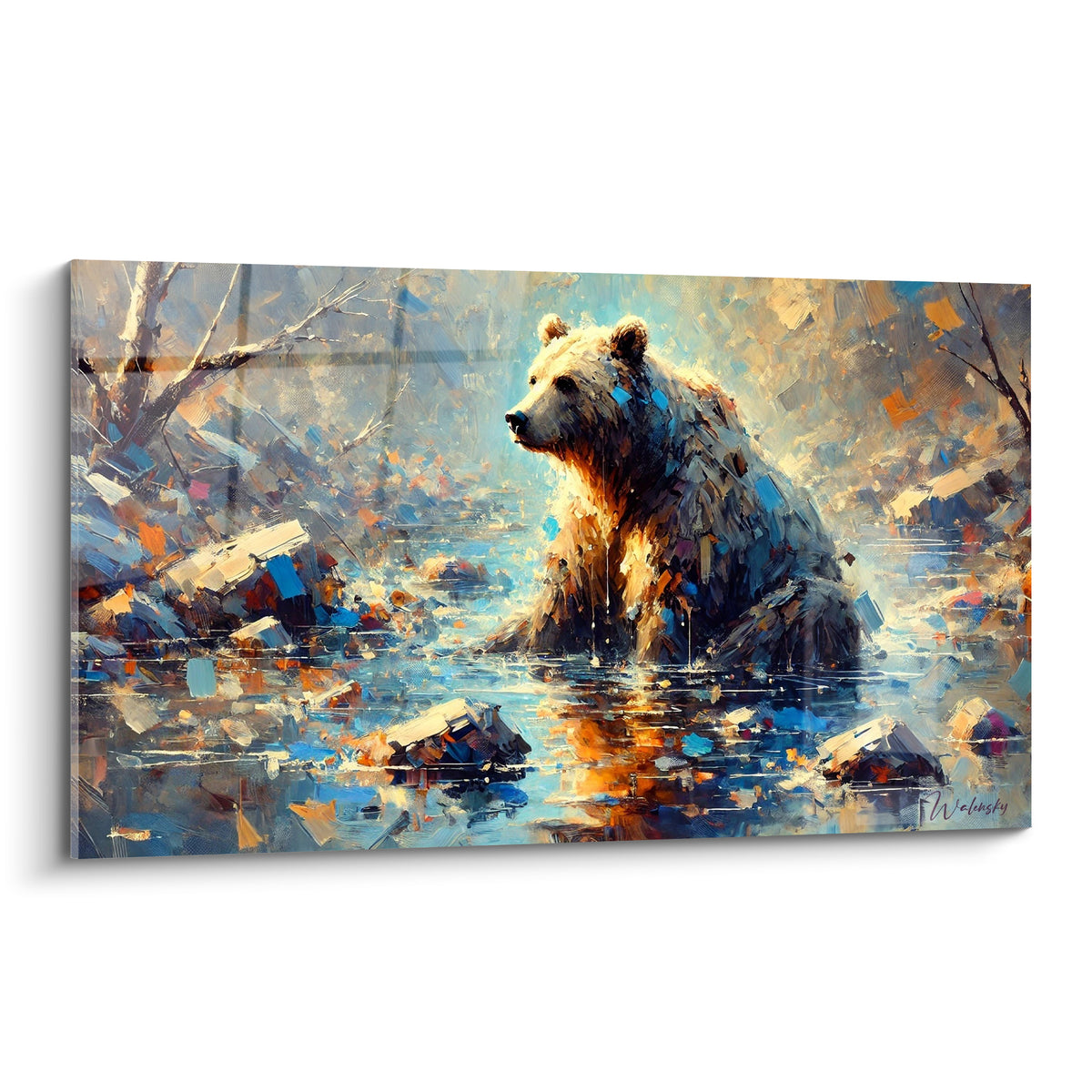 Ours brun debout dans une rivière bleu marine et ocre, fourrure texturée à l'huile