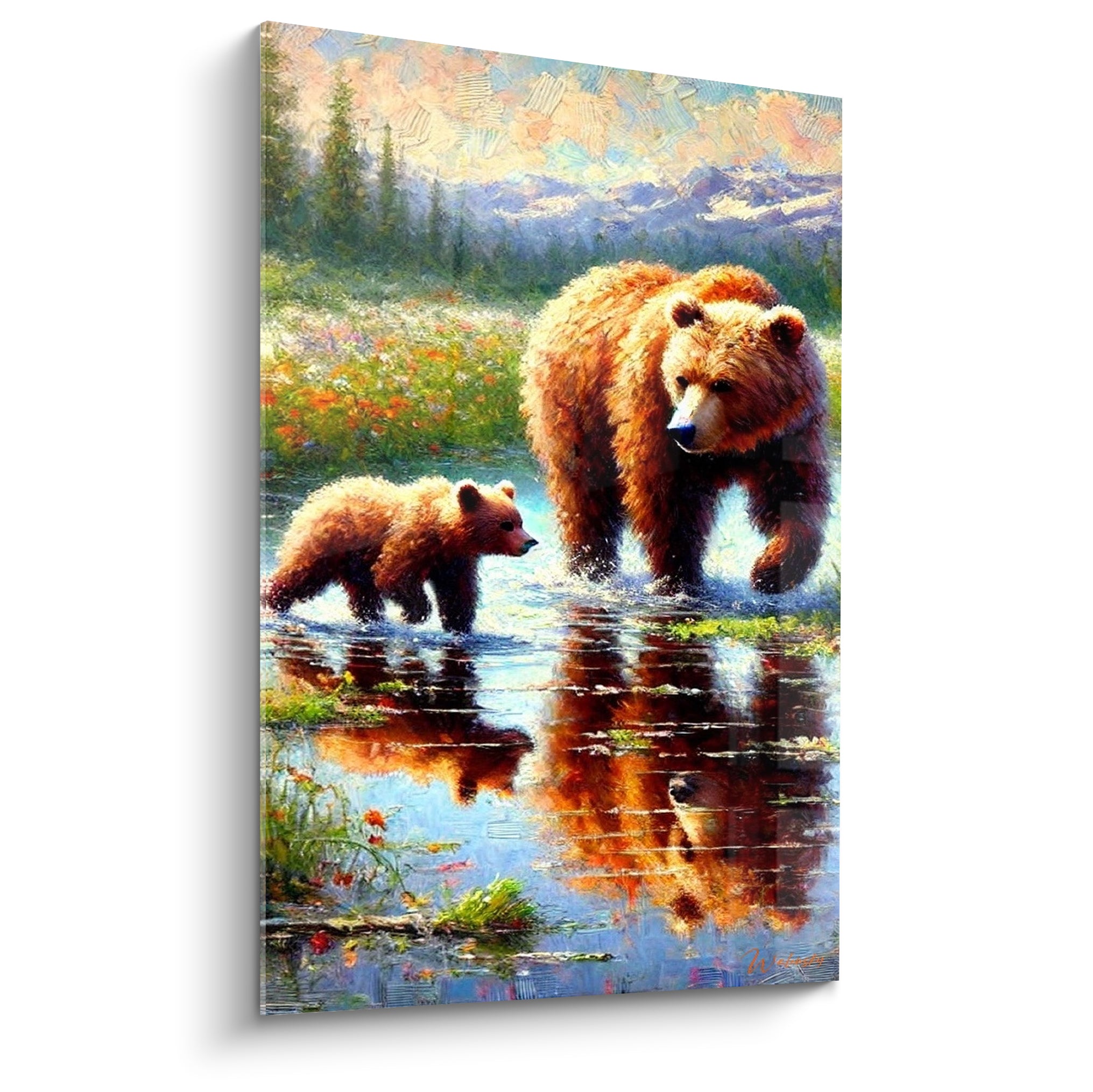 Ours brun doré traverse une rivière bleu pastel avec son petit, montagnes en arrière-plan