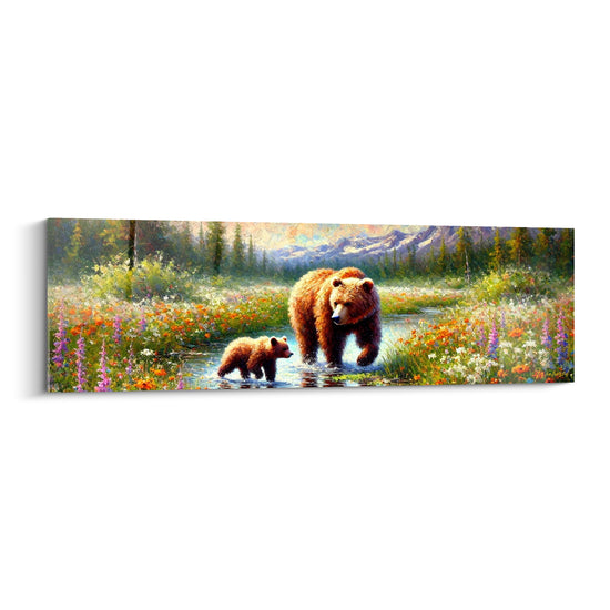 Tableau Ourse et son petit brun et orange traversant un ruisseau - Montagnes enneigées au loin - Edition Ours brun