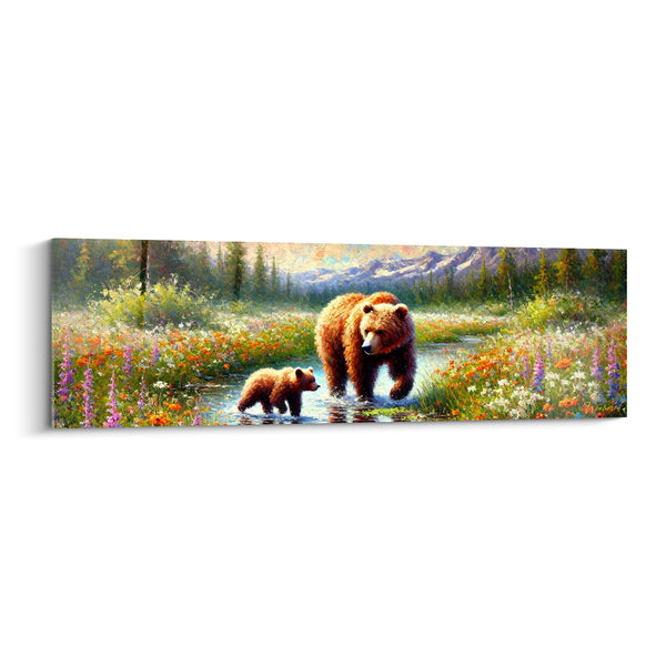 Tableau Ourse et son petit brun et orange traversant un ruisseau - Montagnes enneigées au loin - Edition Ours brun