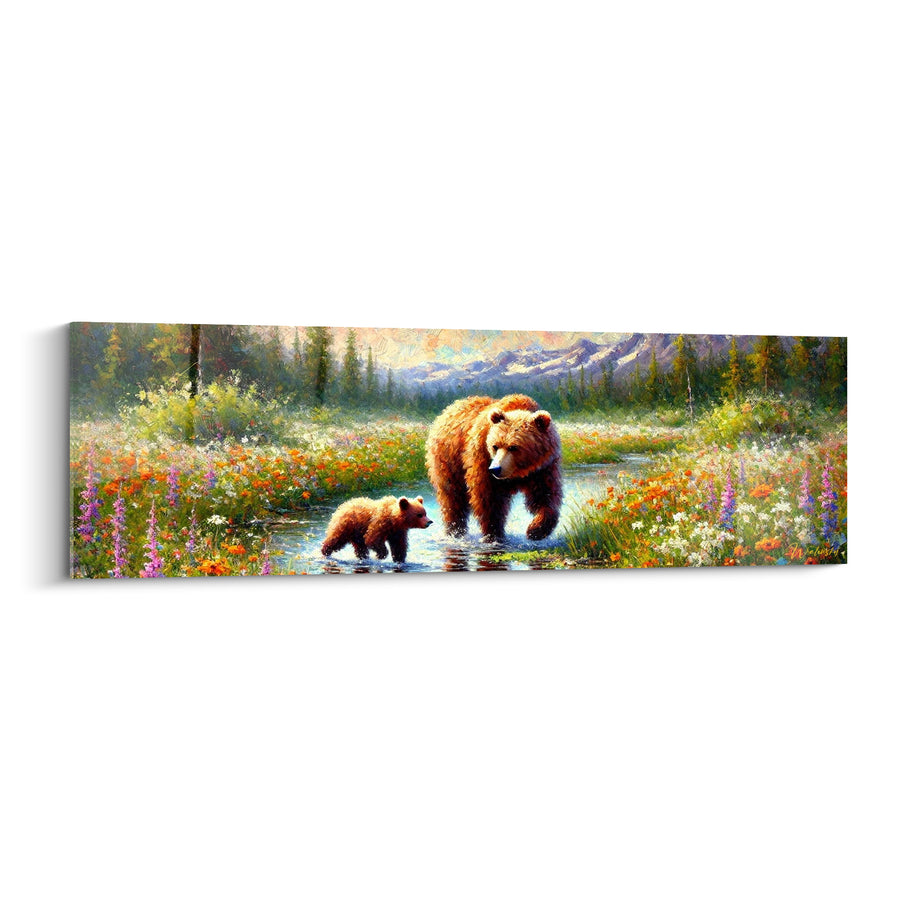 Tableau Ourse et son petit brun et orange traversant un ruisseau - Montagnes enneigées au loin - Edition Ours brun