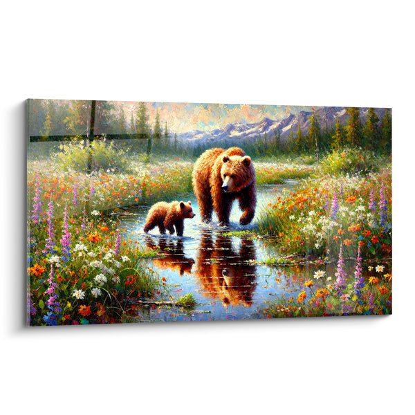Tableau Ourse et son petit près d'un ruisseau fleuri - Traversée maternelle - Edition Ours brun