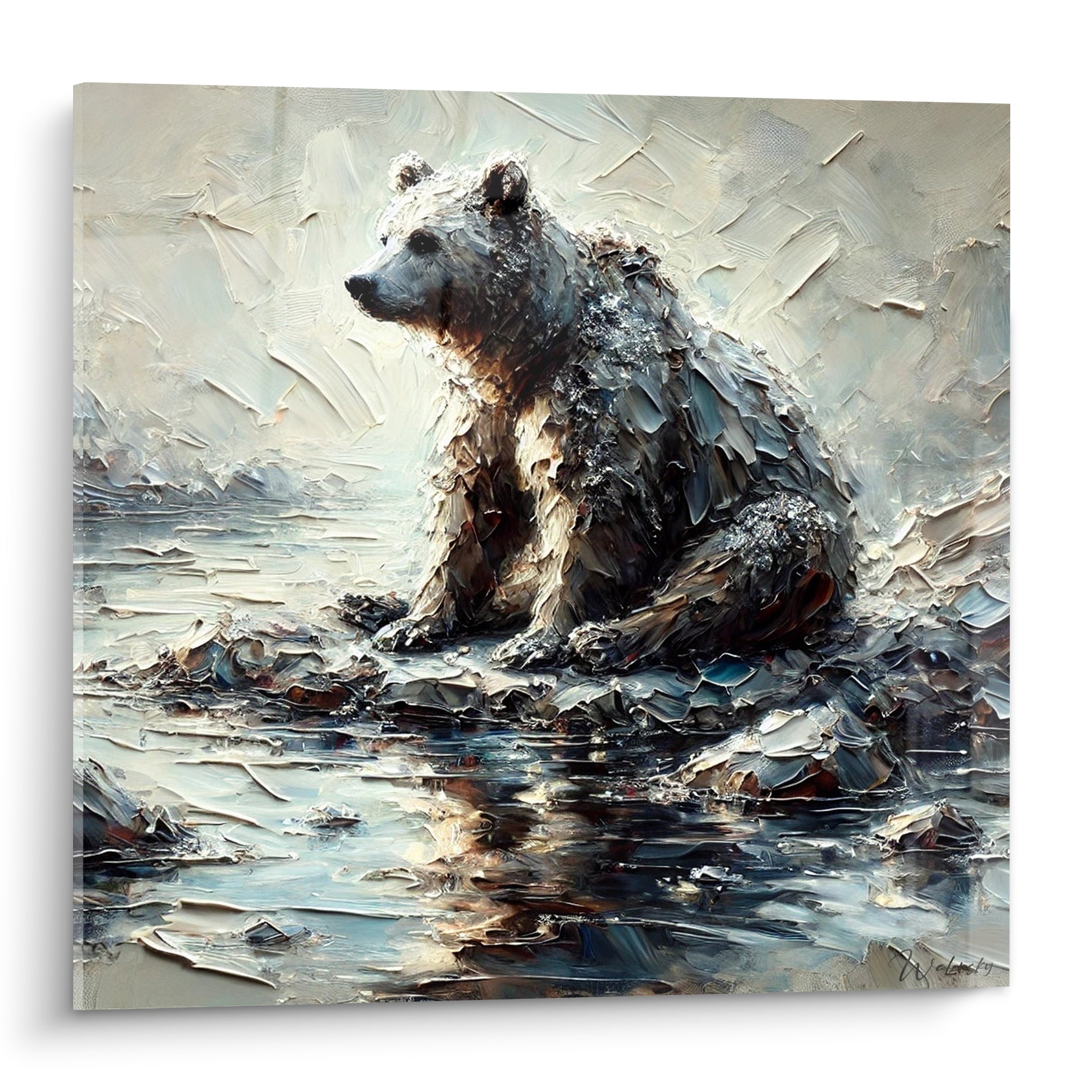 Ours brun anthracite et blanc assis sur un rocher givré, pelage texturé au couteau