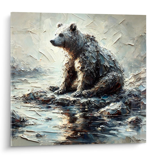 Ours brun anthracite et blanc assis sur un rocher givré, pelage texturé au couteau
