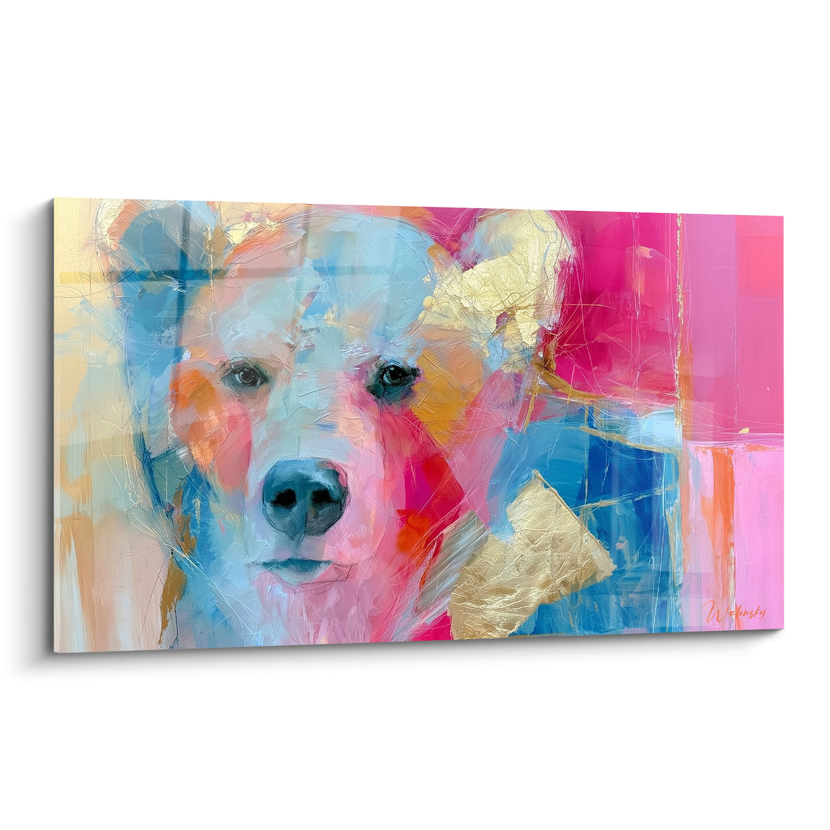 Ours brun peint en rose fuchsia et bleu cobalt, regard intense, touches dorées éclatantes.