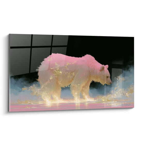 Ours brun de profil, pelage rose pastel et doré, fond anthracite structuré, éclaboussures lumineuses au sol