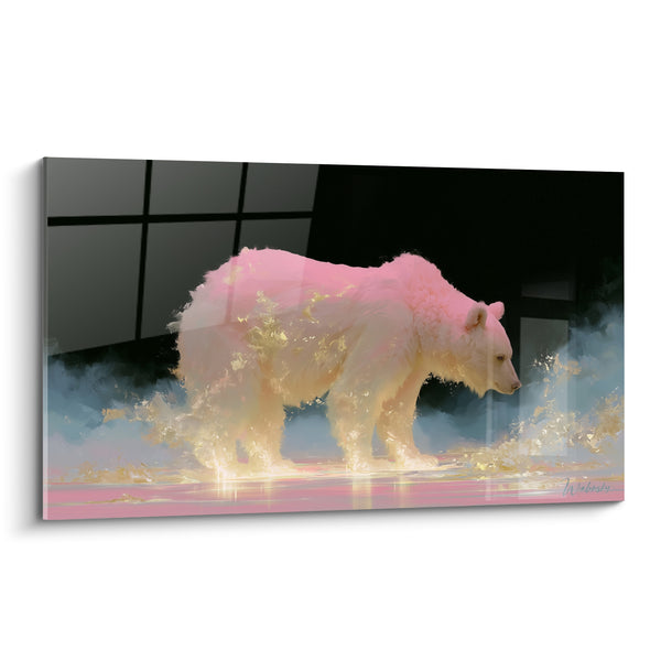 Tableau Ours rose et doré émergeant des embruns - Reflets sur l'eau - Edition Ours brun