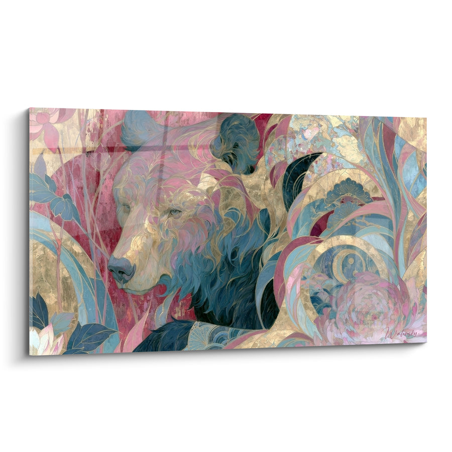 Tableau Ours brun aux mèches roses et dorées - Rêverie florale - Edition Ours brun