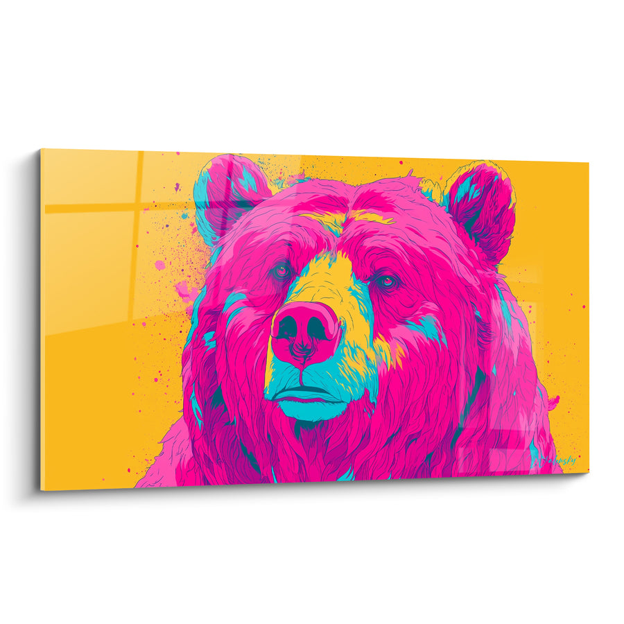 Tableau Ours rose et jaune aux éclaboussures turquoise - Éveil flashy - Edition Ours brun