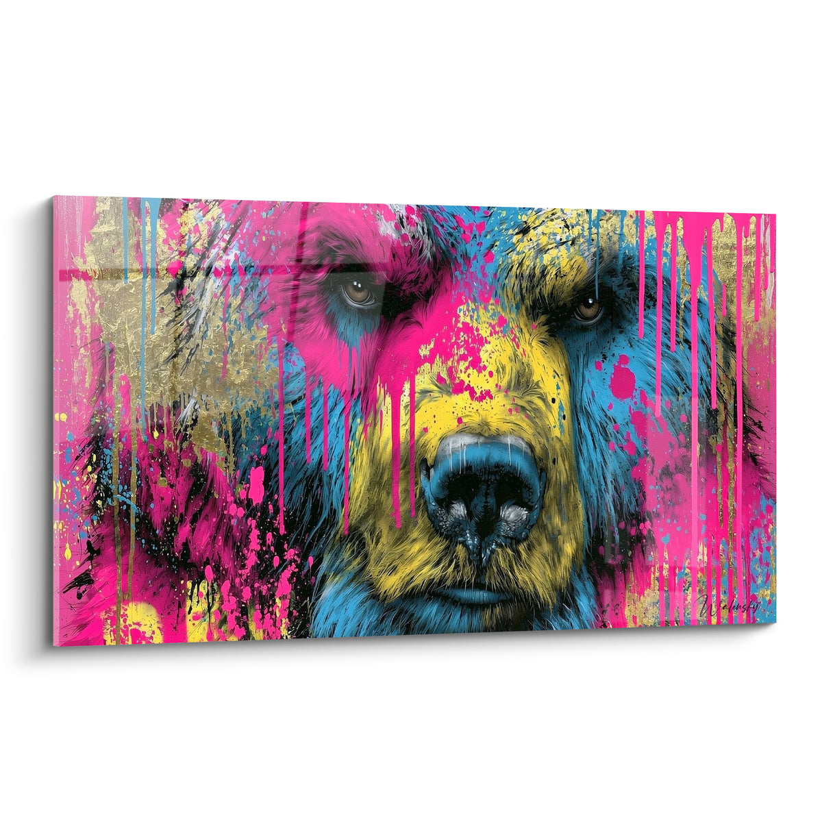 Ours brun au regard perçant, éclaboussures rose fluo, bleu et doré façon street art