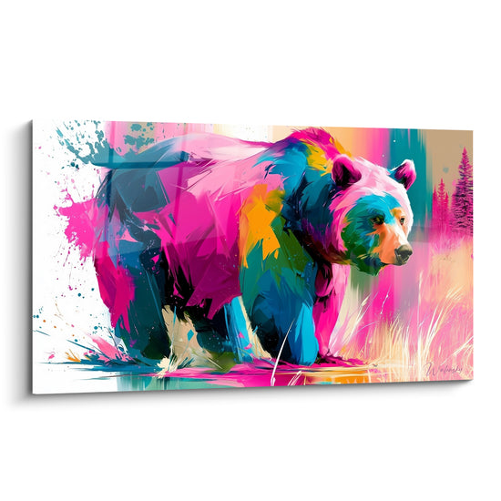 Ours brun peint en aplats de rose fuchsia et bleu turquoise, avec éclaboussures blanches sur fond clair