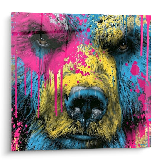 Ours brun au regard sombre, museau éclaboussé de rose fuchsia et jaune vif, style graffiti