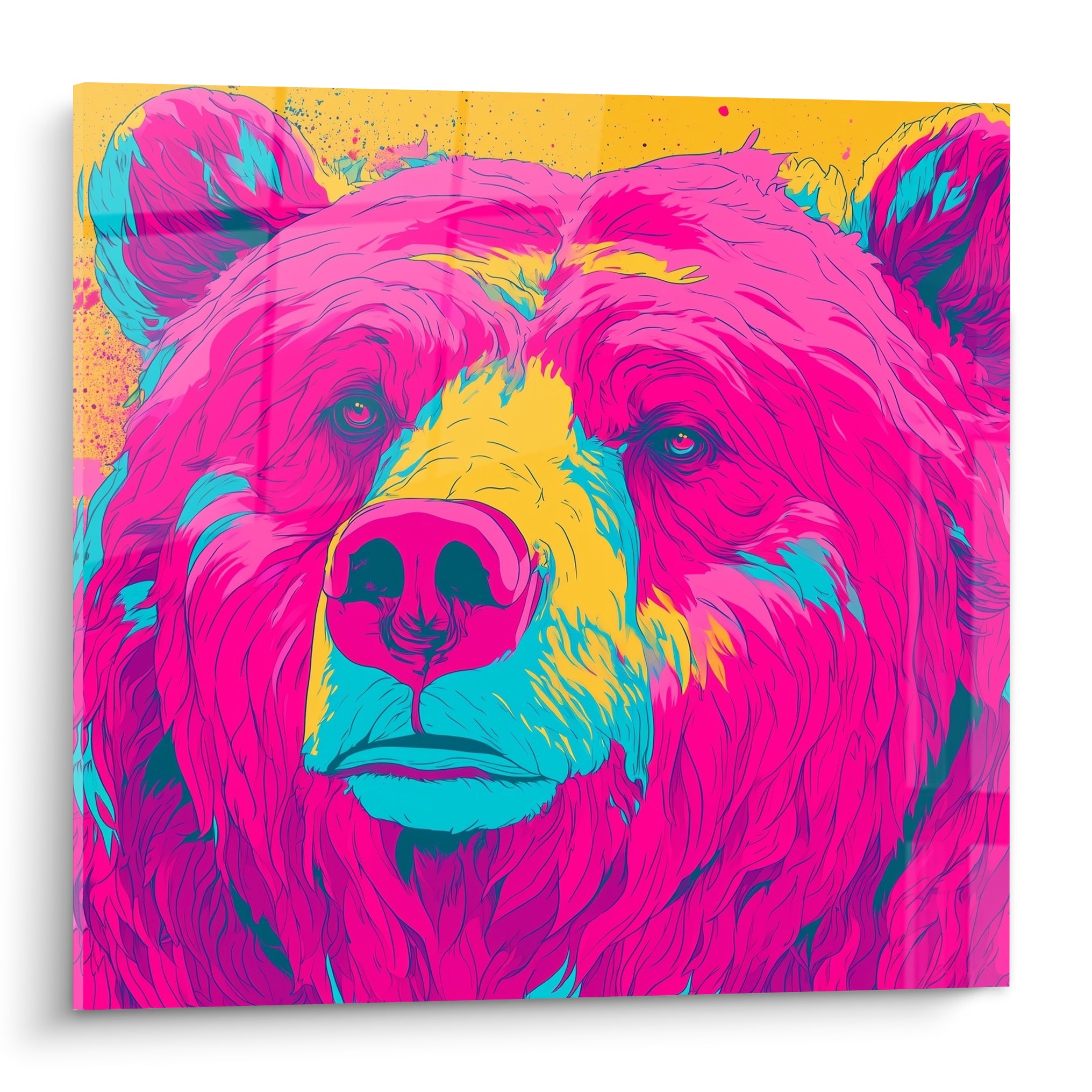 Ours brun au museau rose fuchsia et jaune moutarde, regard intense façon pop art graphique