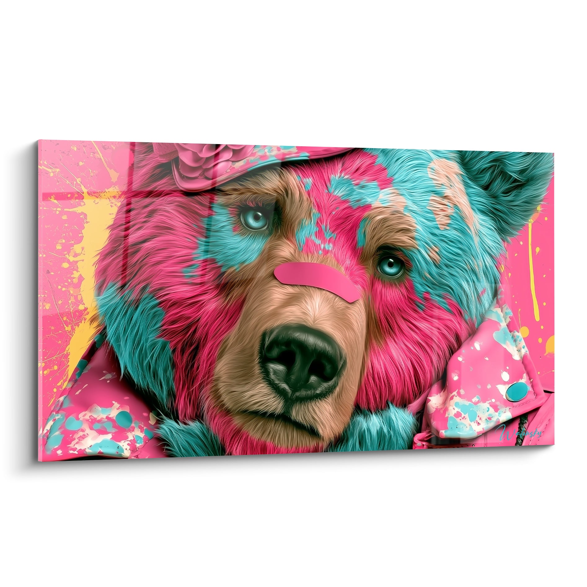 Ours brun au pelage rose fuchsia et turquoise, regard bleu perçant, style pop art éclaboussé