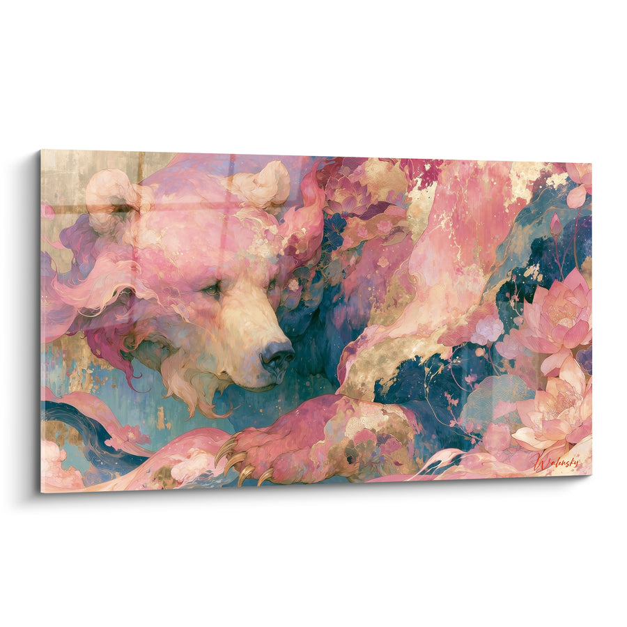 Tableau Ours brun rose et bleu pétales - Rêverie fleurie - Edition Ours brun