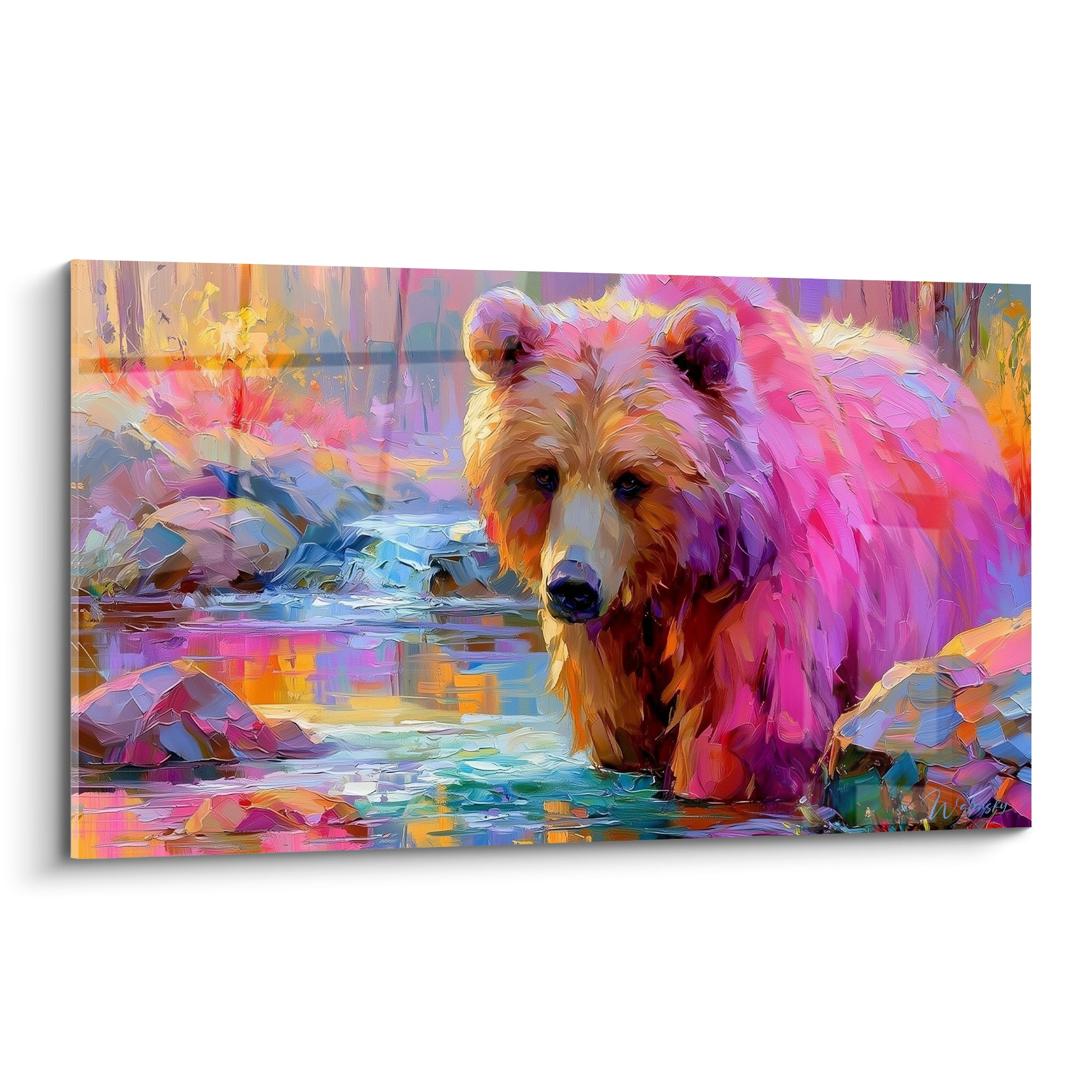Ours brun rose et violet traversant une rivière aux reflets turquoise et ocre, peinture expressionniste