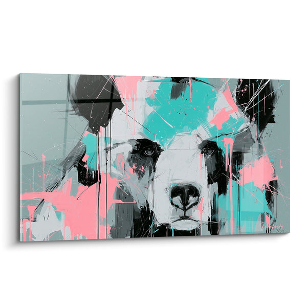 Tableau Ours noir et blanc éclaboussures turquoise et roses - Face frontale intense - Edition Ours brun