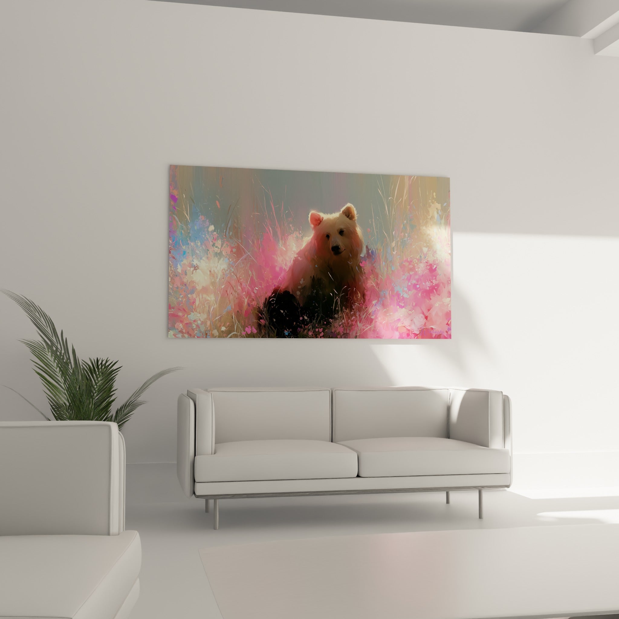 Silhouette d'ours brun beige entourée de rose vif et de touches dorées, au-dessus d'un canapé dans un salon lumineux