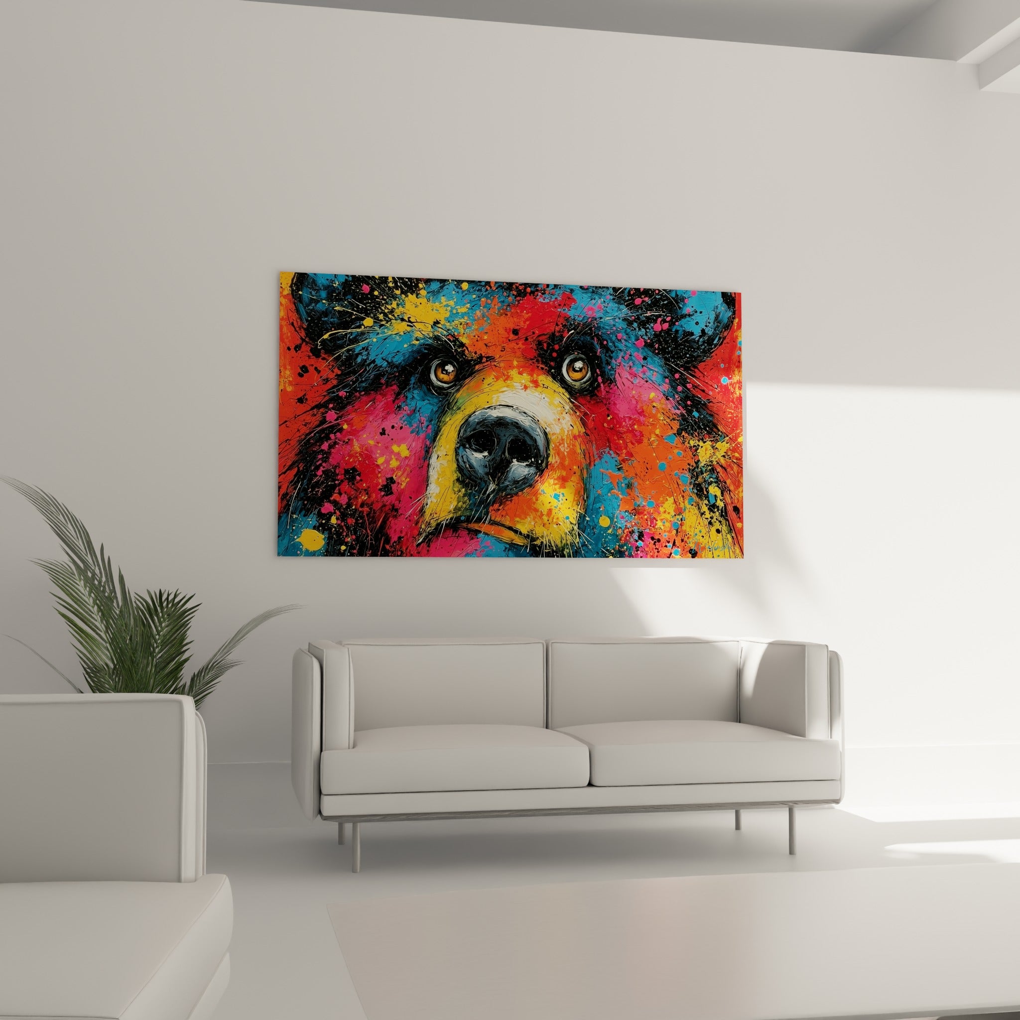 Museau d'ours brun noir intense entouré de rose et bleu éclatants, au-dessus d'un canapé dans un salon lumineux
