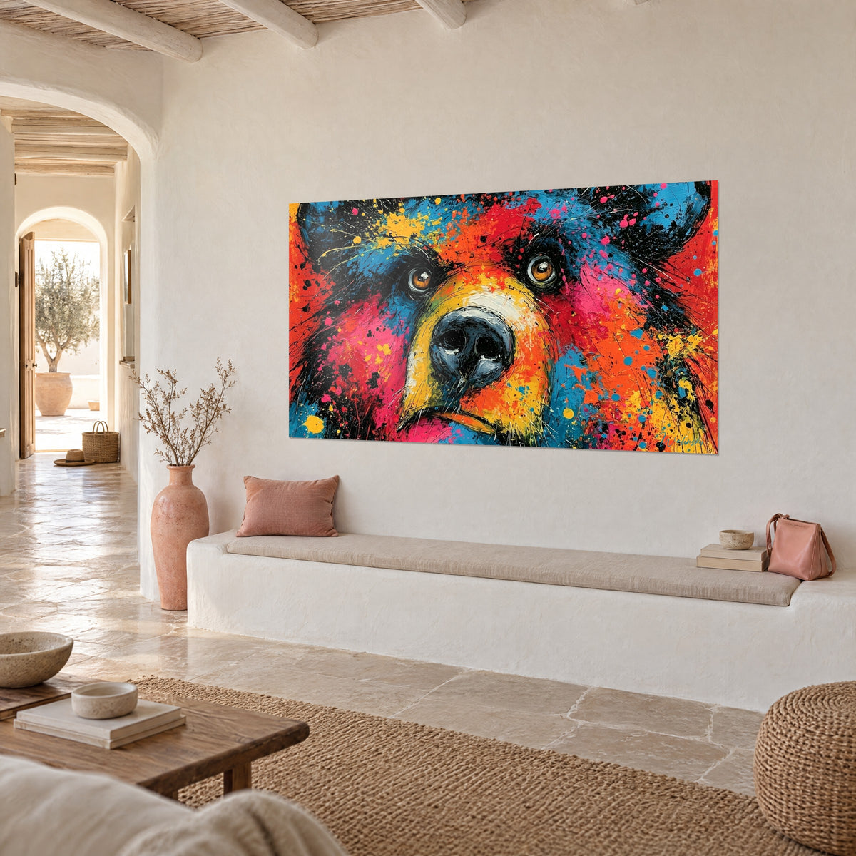 Tableau grizzli au regard ambré, pelage orange, rouge et bleu cobalt éclaboussé, mur chaulé d'une maison méditerranéenne