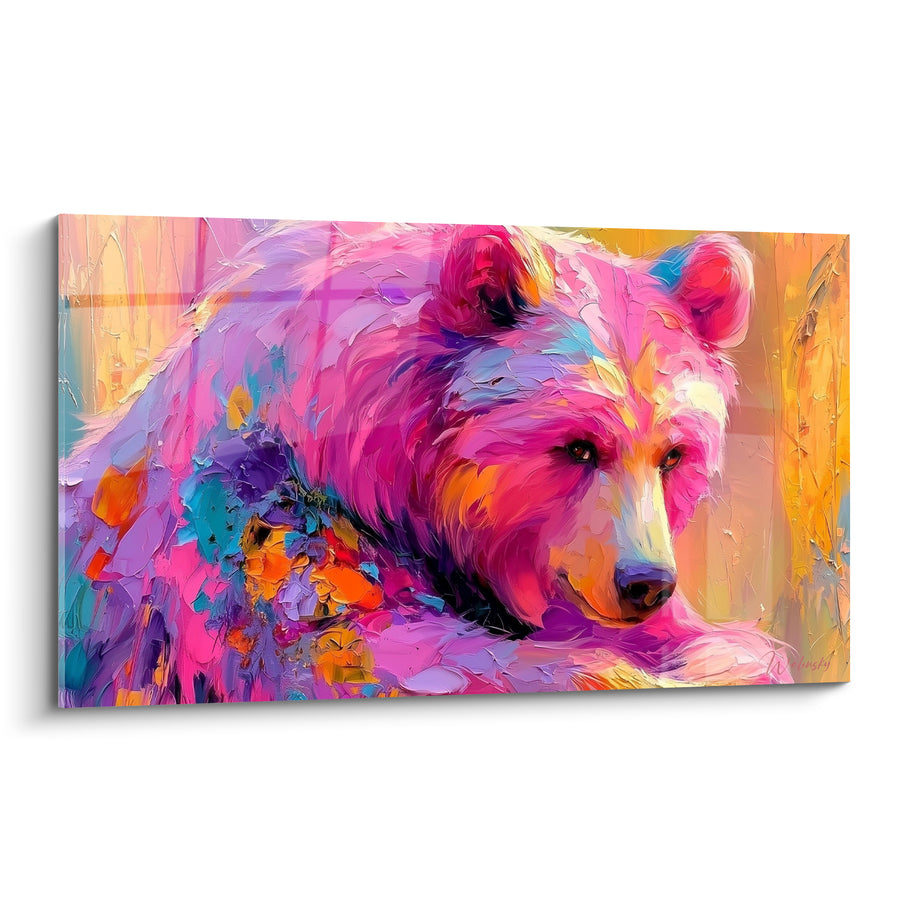 Tableau Ours allongé aux teintes roses et violettes - Veille paisible - Edition Ours brun