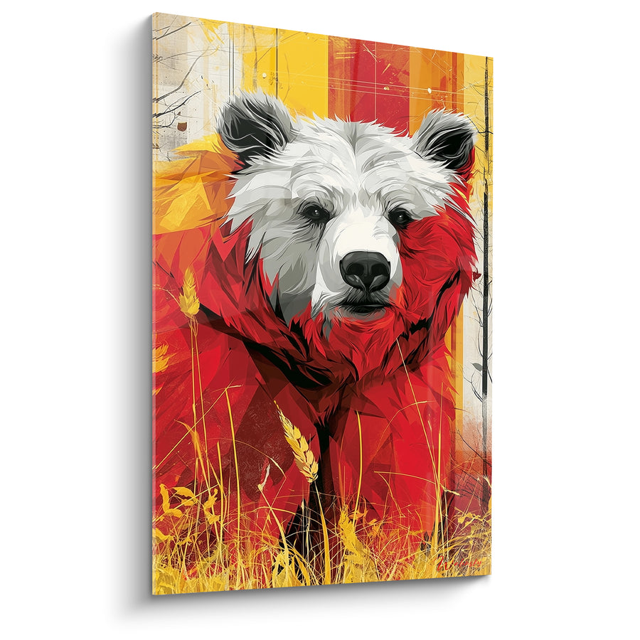 Tableau Ours blanc et rouge parmi les épis dorés - Face contrastée aux tons vifs - Edition Ours brun