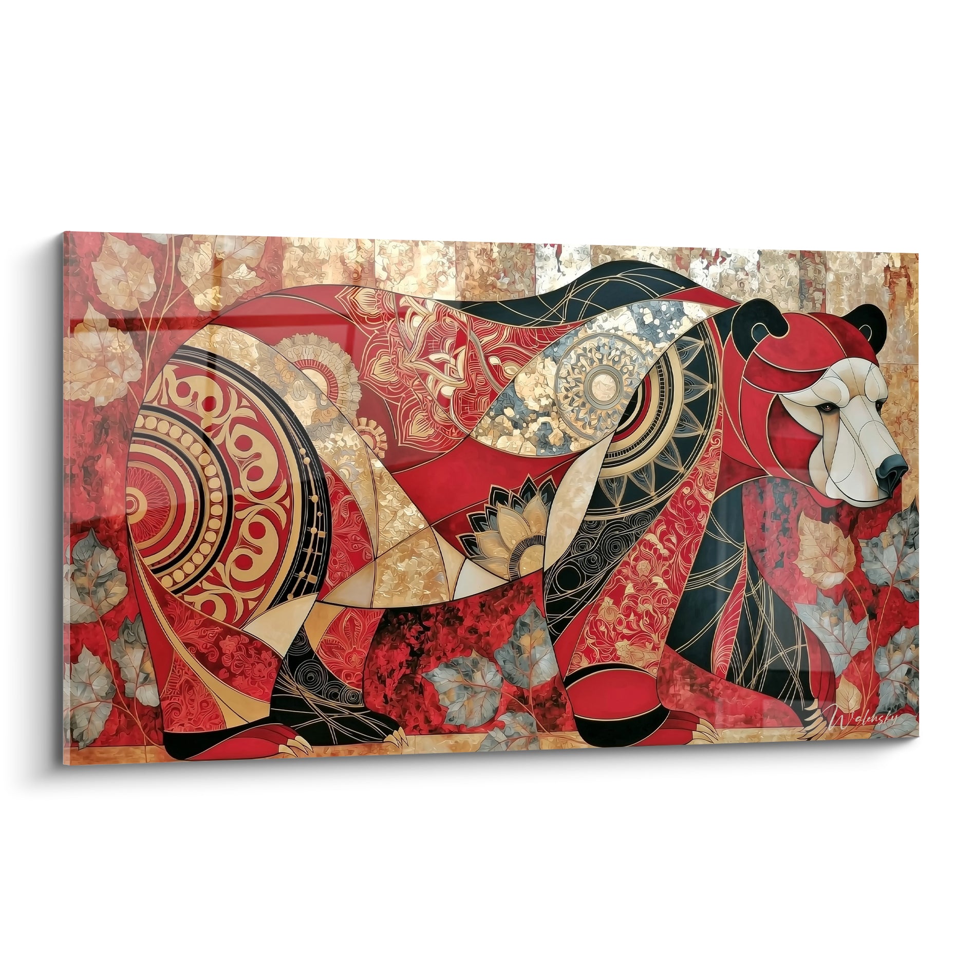 Ours brun de profil en mosaïque rouge et doré, motifs mandalas et feuilles argentées