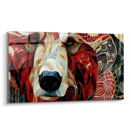 Ours brun face au spectateur, museau ivoire, pelage rouge bordeaux et motifs dorés graphiques