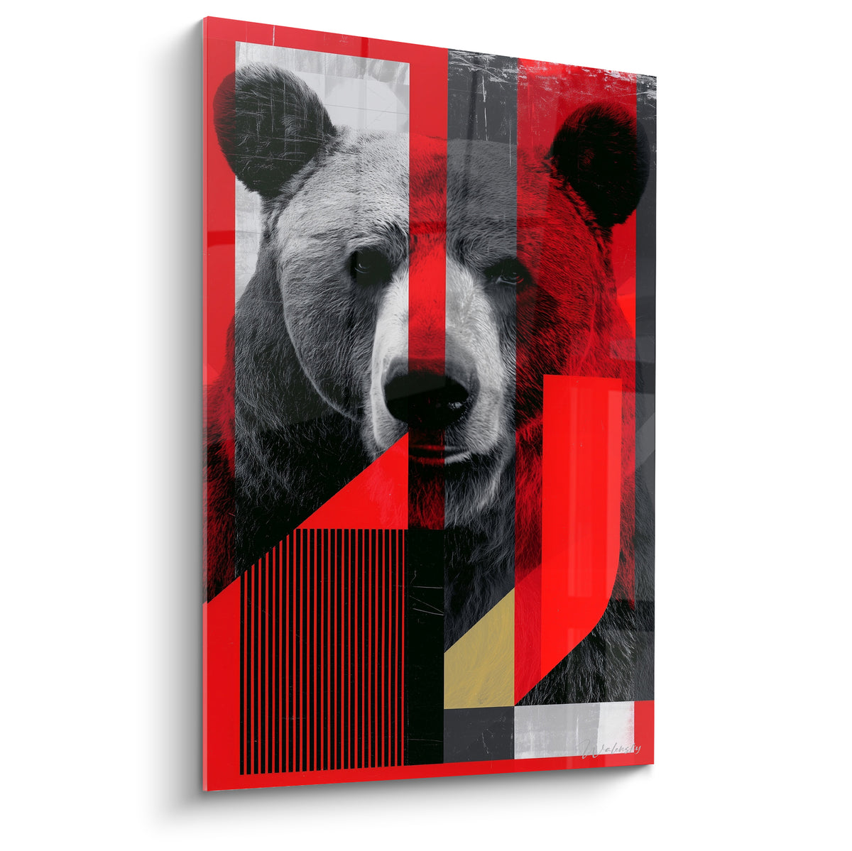Ours brun au regard perçant sur fond rouge vif et noir, style graphique contemporain fragmenté