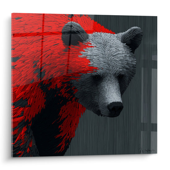 Ours brun au museau gris et pelage rouge texturé, regard fixe sur fond strié anthracite